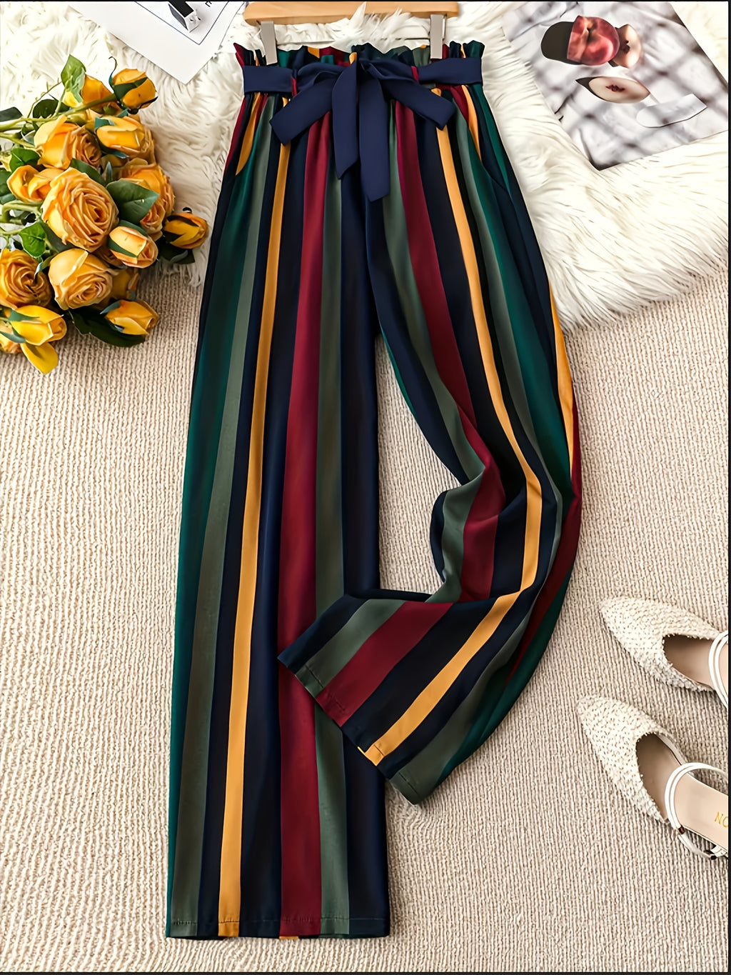 Women's Casual Wide-Leg Pants with Striped Pattern - Machine Washable Non-Stretch Trousers for Spring/Fall, Office & Casual Outfits - Multicolor