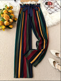 Women's Casual Wide-Leg Pants with Striped Pattern - Machine Washable Non-Stretch Trousers for Spring/Fall, Office & Casual Outfits - Multicolor
