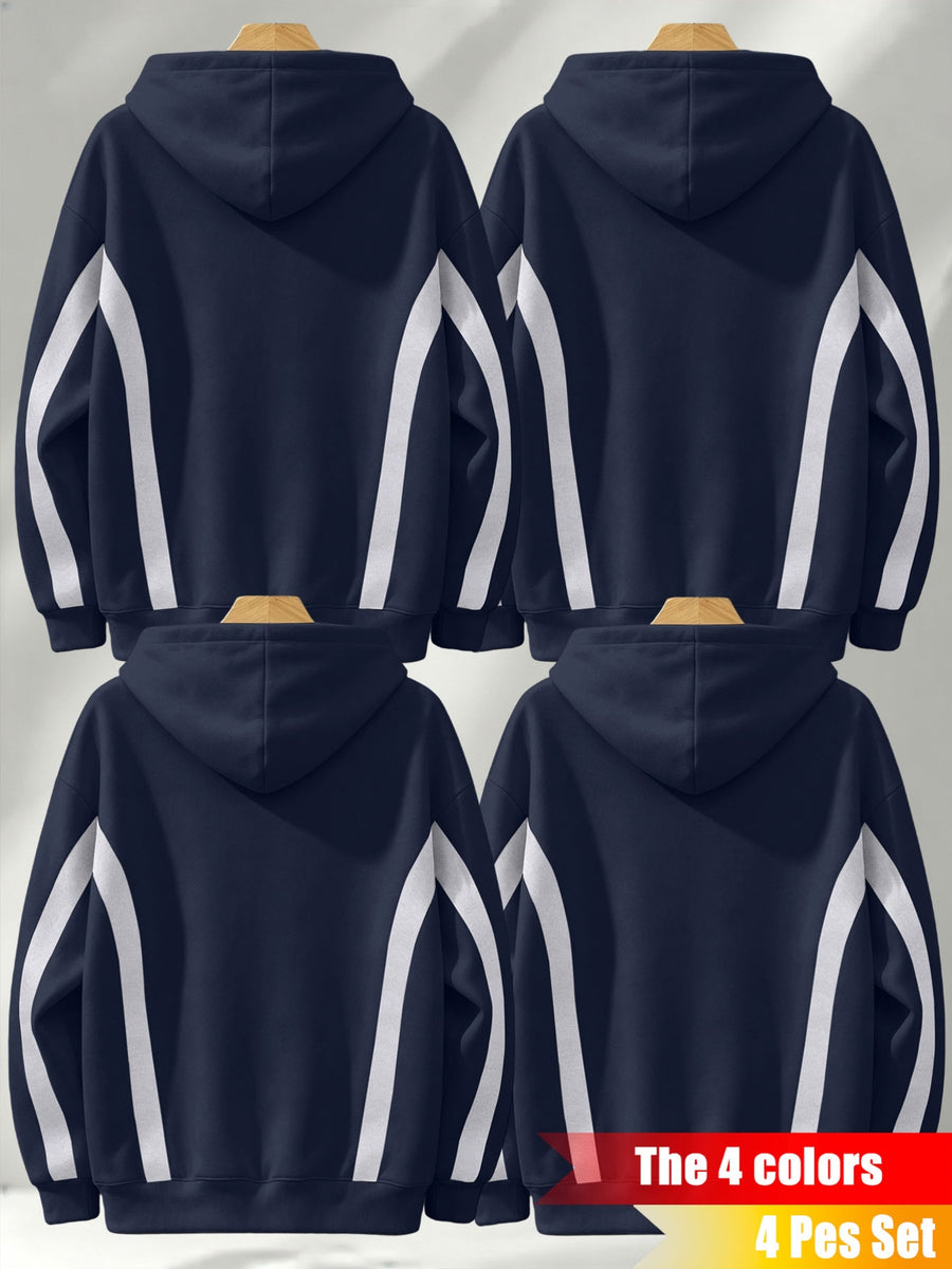 4pcs Set: Autumn/Winter Men's Pullover Hooded Sweatshirt with Diagonal Contrast Color Line Cut on Sleeves, Street Style Top. Features Adjustable Drawstring and Large Kangaroo Pocket for Storing Phones and Small Items. Made of Skin-Friendly - Navy Blue+Navy Blue+Navy Blue+Navy Blue