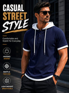 [Qiaoximei Obm] Summer Men'S High-Quality Waffle-Gore Hooded Short Sleeve T-Shirt - Individual Fashion Statement with Special Design Texture Fabric, Adjustable Drawstring And Buttons, Suitable for Gym Fitness Wear - Navy Color
