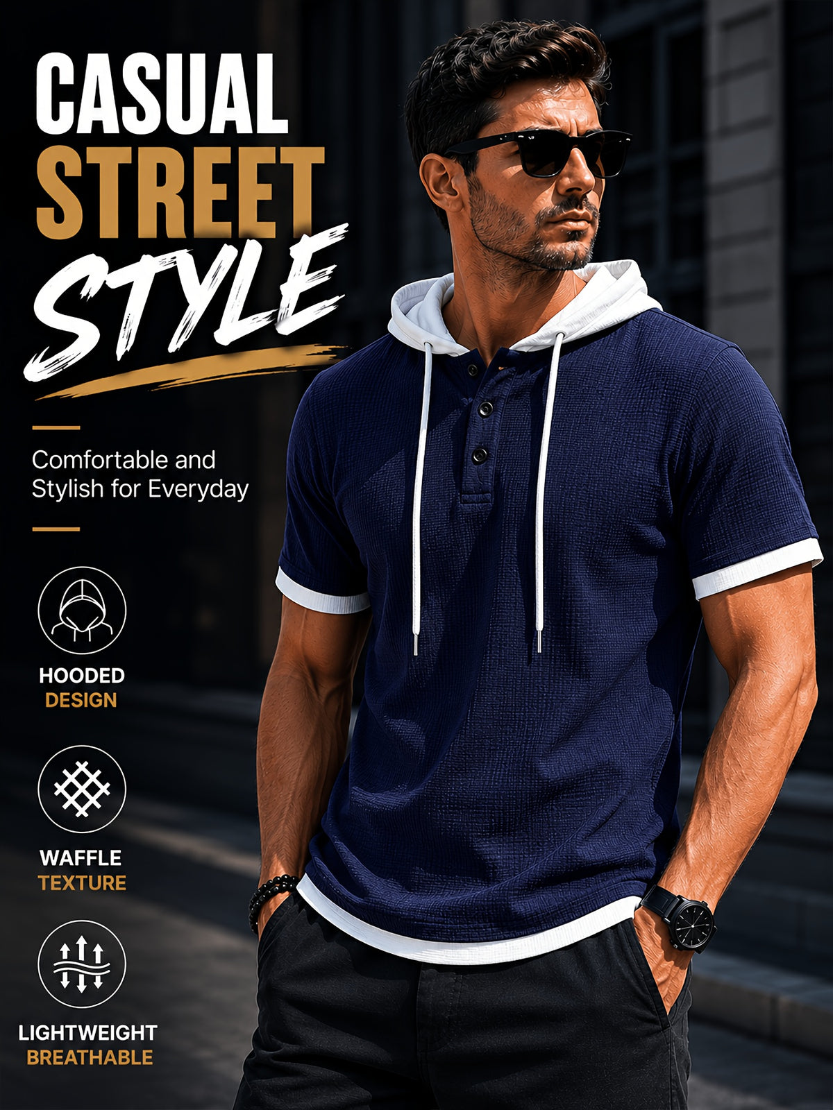 [Qiaoximei Obm] Summer Men'S High-Quality Waffle-Gore Hooded Short Sleeve T-Shirt - Individual Fashion Statement with Special Design Texture Fabric, Adjustable Drawstring And Buttons, Suitable for Gym Fitness Wear - Navy Color