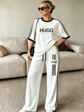 2pcs Set of Barcode Women'S Short Sleeve Long Pants, Printed Color-Block Comfortable Soft Casual Outdoor Sports Set Long Sweatpants Short Sleeve Top - White