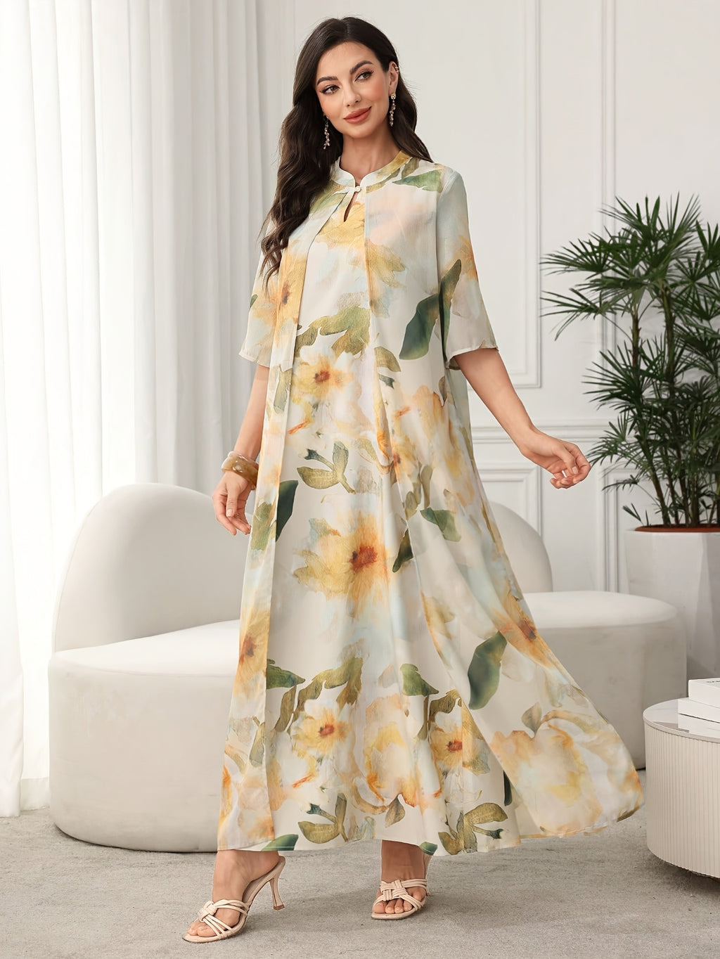 Elegant Floral Print Loose Dress - Multicolor