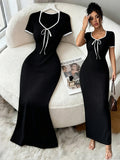 Women'S Elegant Romantic Black Heart Neck Bow Tie Waist Cincher Design Short Sleeve Bodycon Long Dress, Spring Summer Style, Suitable for Daily Office, Party, Travel, Elegant Dress, Sexy Dress - Black