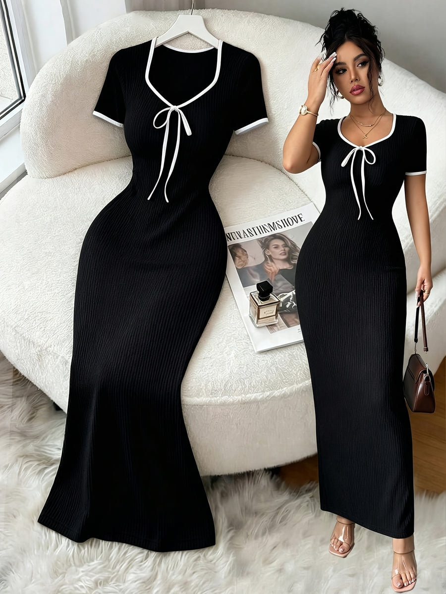Women'S Elegant Romantic Black Heart Neck Bow Tie Waist Cincher Design Short Sleeve Bodycon Long Dress, Spring Summer Style, Suitable for Daily Office, Party, Travel, Elegant Dress, Sexy Dress - Black