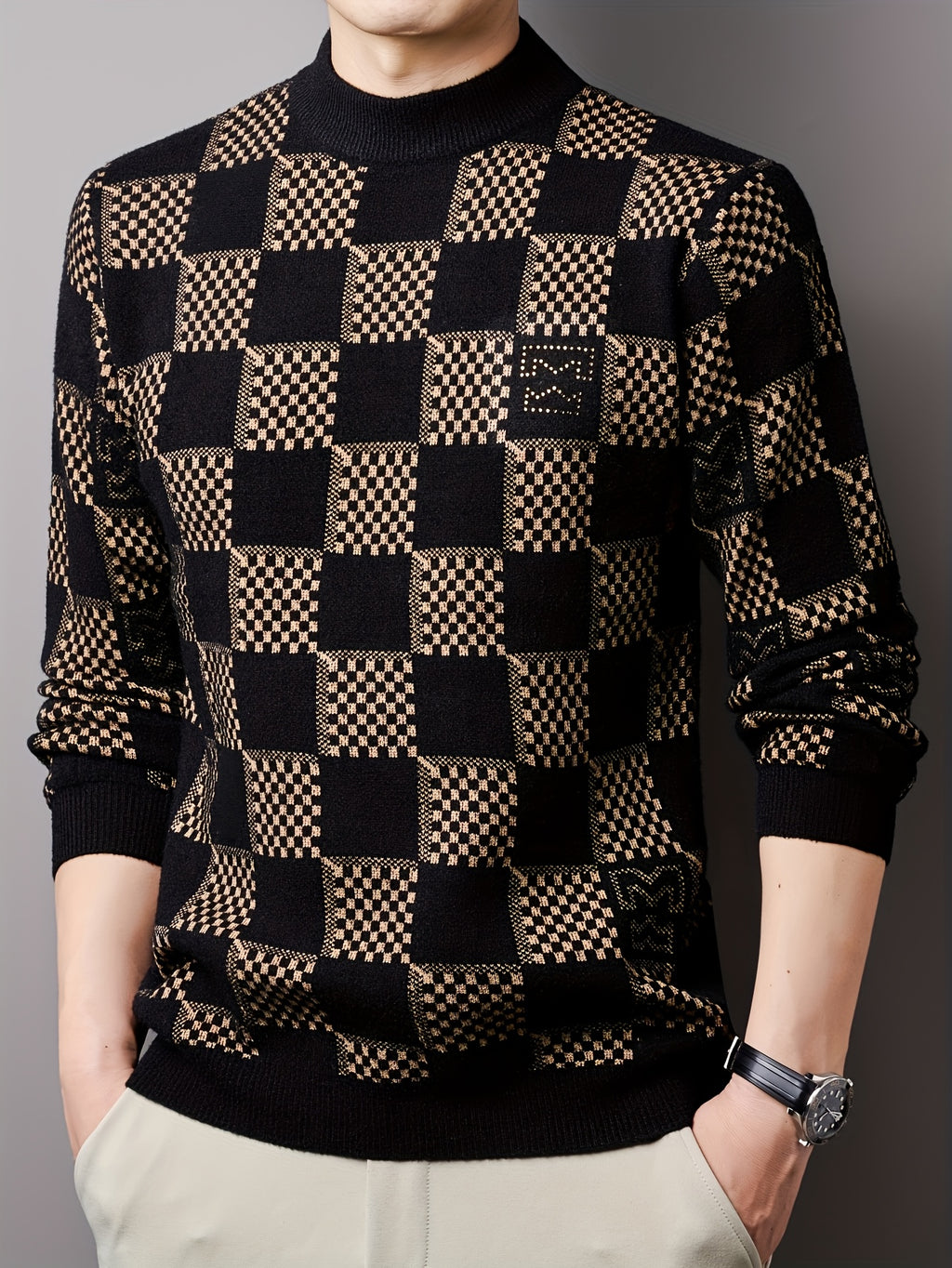 Men'S Sweater Pullover, Autumn Winter New Thick Warm Knit Top, Sequined Plaid Color-Block Men'S Shirt, Men'S Clothing 24709 - Beige Color
