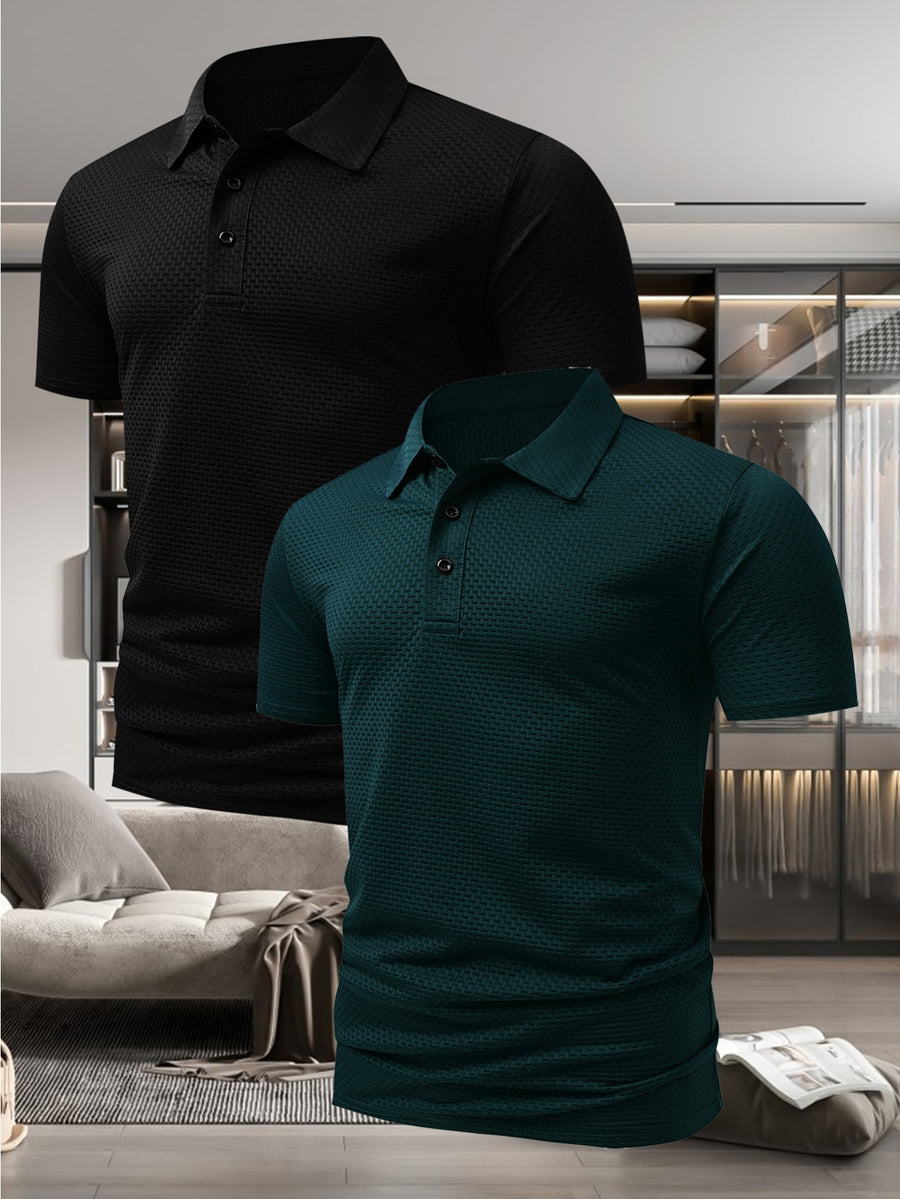 Men'S Stylish Casual Short-Sleeve Polo Shirt, Available in a 2-pc at a Discount! Comfortable T-Shirt Made from New Jacquard Quick-Dry Fabric, Perfect for Outdoor Equestrian And Golf Activities. Fashionable Casual Wear - Black+green