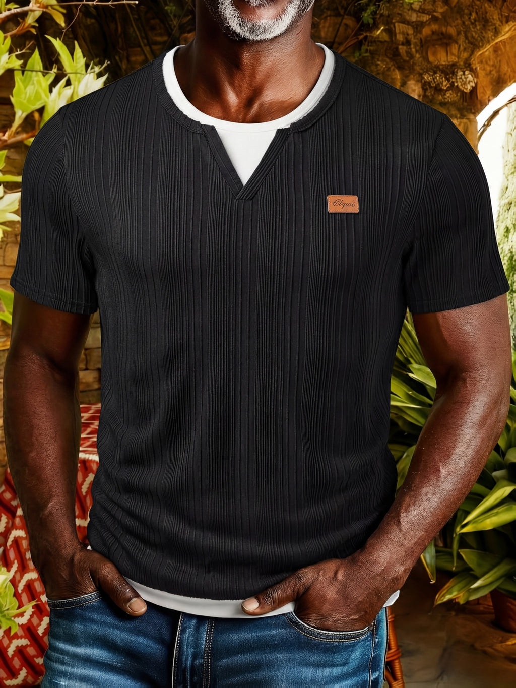 Men'S Fashion Men'S Clothing Tops Spring And Summer Outdoor Fashion Casual Texture Fabric Color-Blocking Stitching Round Neck Badge Decoration Short-Sleeved Men'S Henley Shirt - Black