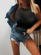 Women's Summer Solid Color Lace Camisole with Cut-Out Design, Sexy and Delicate, for Streetwear and Dates, and Versatile, Pure Desire Style Trending Outfit - Black