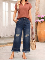 Vintage Distressed Rivet Raw Hem Ripped High-Waist Elastic Waistband Loose Wide-Leg Cropped Flare Jeans for Women - Deep Blue