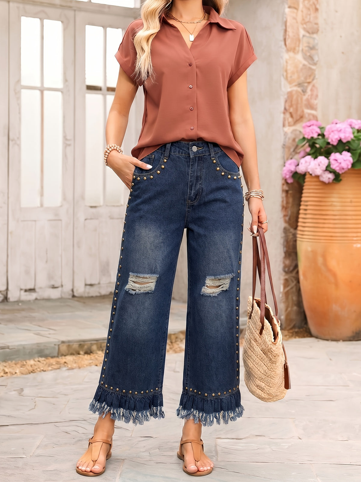 Vintage Distressed Rivet Raw Hem Ripped High-Waist Elastic Waistband Loose Wide-Leg Cropped Flare Jeans for Women - Deep Blue