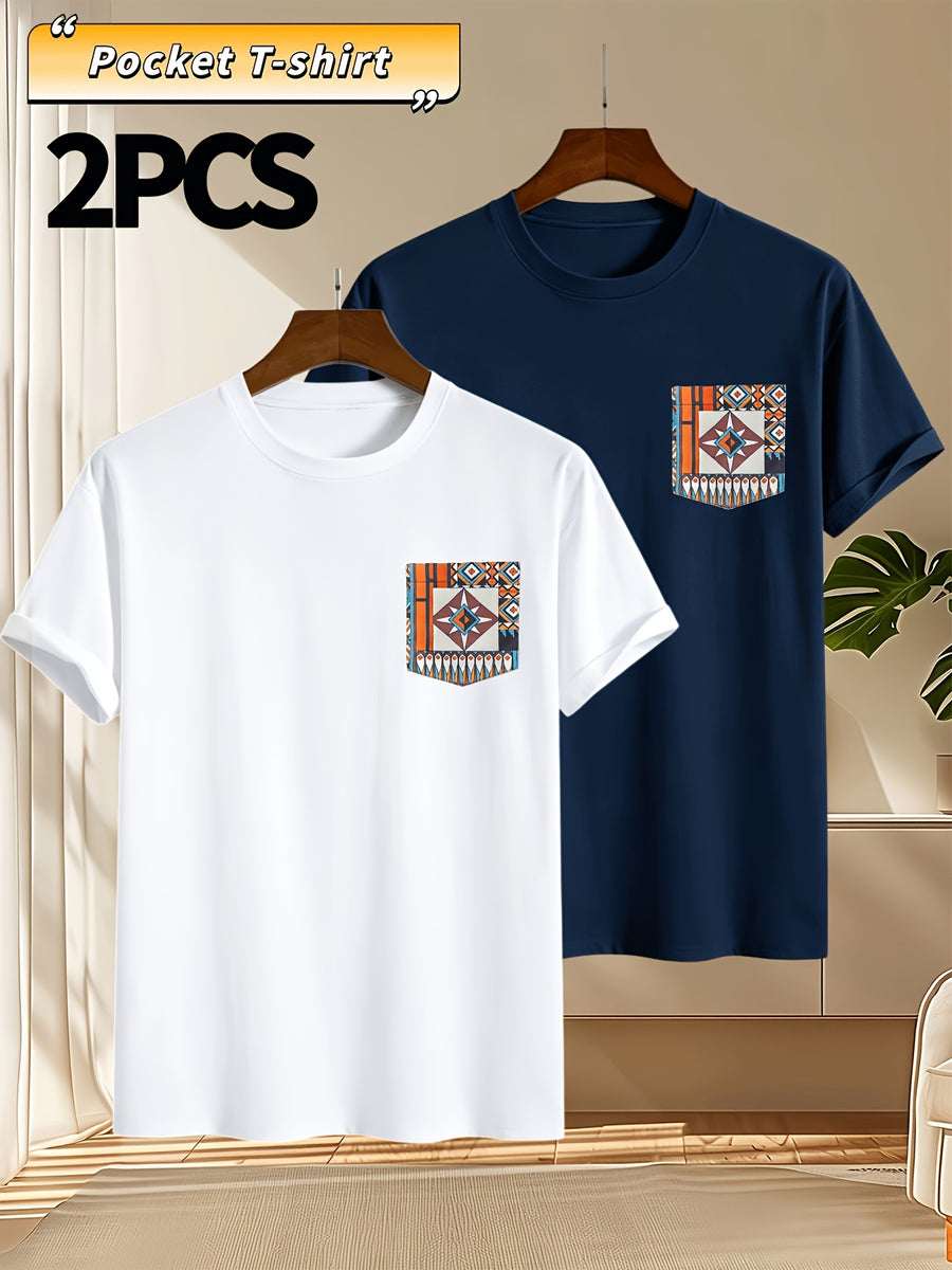 2pcs Men's Round Neck Pocket Short-Sleeve T-Shirt, Suitable for Summer Outdoor Casual Wear, Versatile Casual Knit Top, Men's Casual Pocket Design Sport T-Shirt - White + Navy Blue