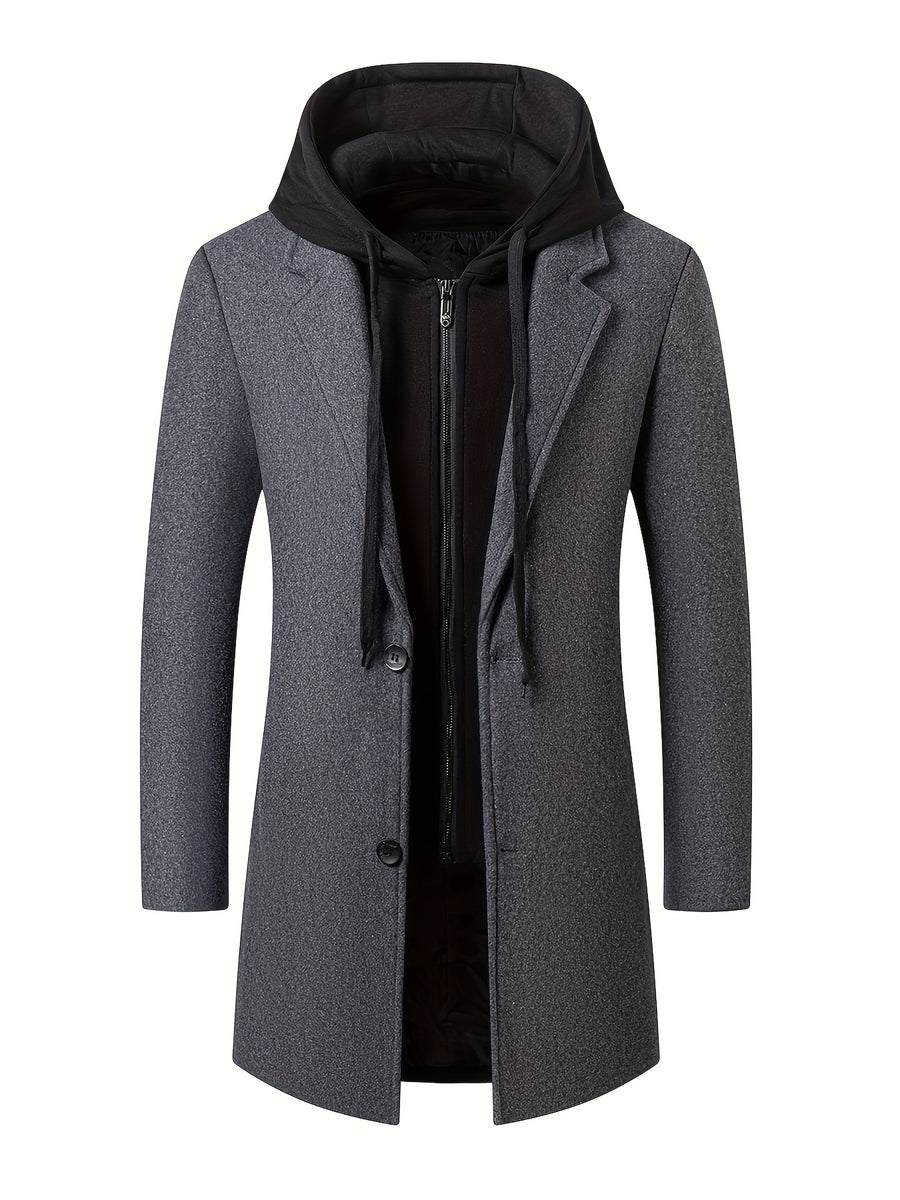 Pearson OBM Youth Men's Student Korean-Style Casual Tweed Wool Blend Overcoat, Mid-Length with Detachable Hood, Trendy Outerwear for Men - Dark Gray