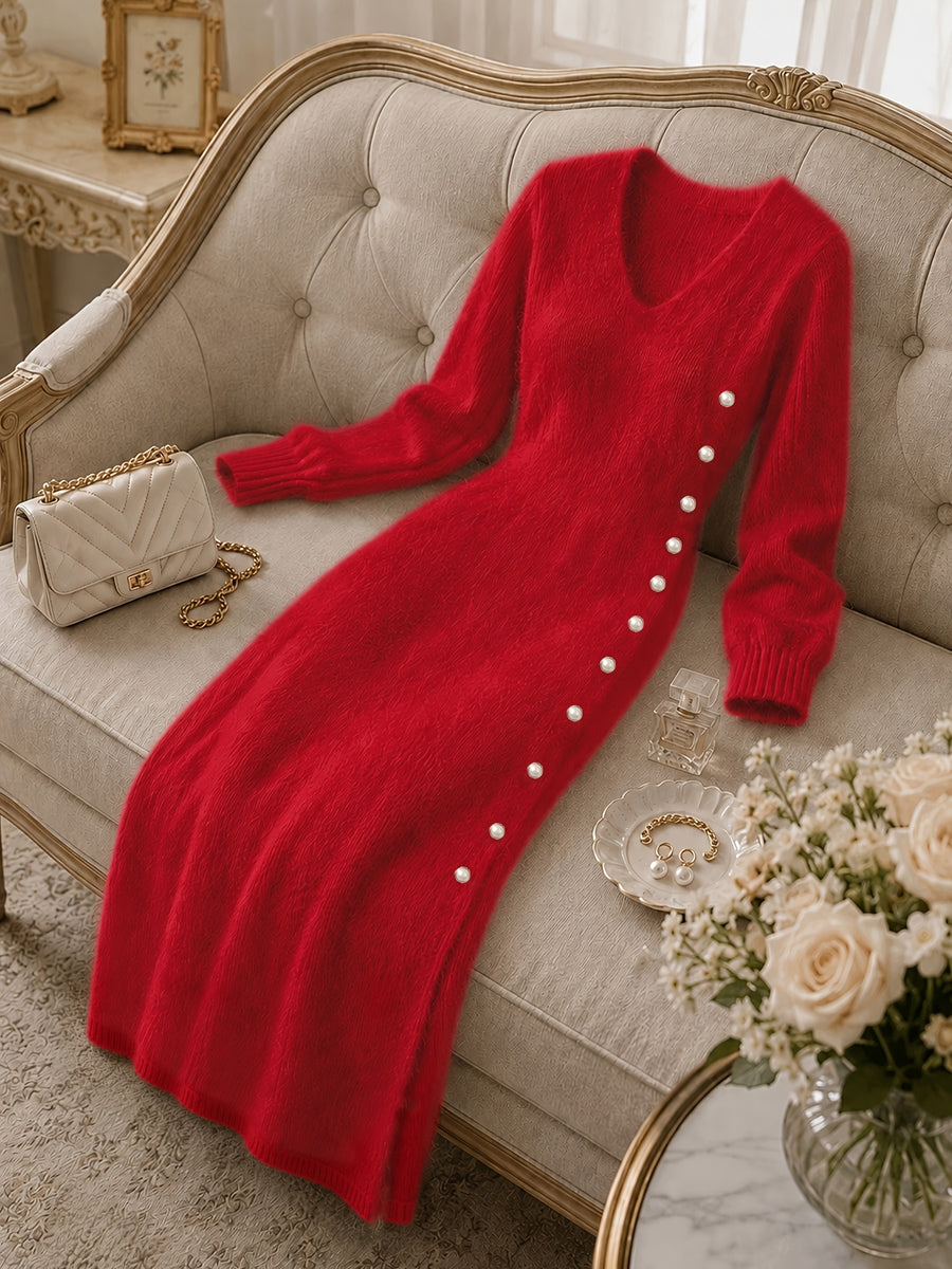 Women's Casual Plush Maxi Dress, V-Neck Long Sleeve Button Front Split Sweater Dress, Versatile for Autumn/Winter Daily Commuting, Soft and Comfortable Fabric, Christmas Style, Suitable for Party Outfits and Banquet Attire - Red