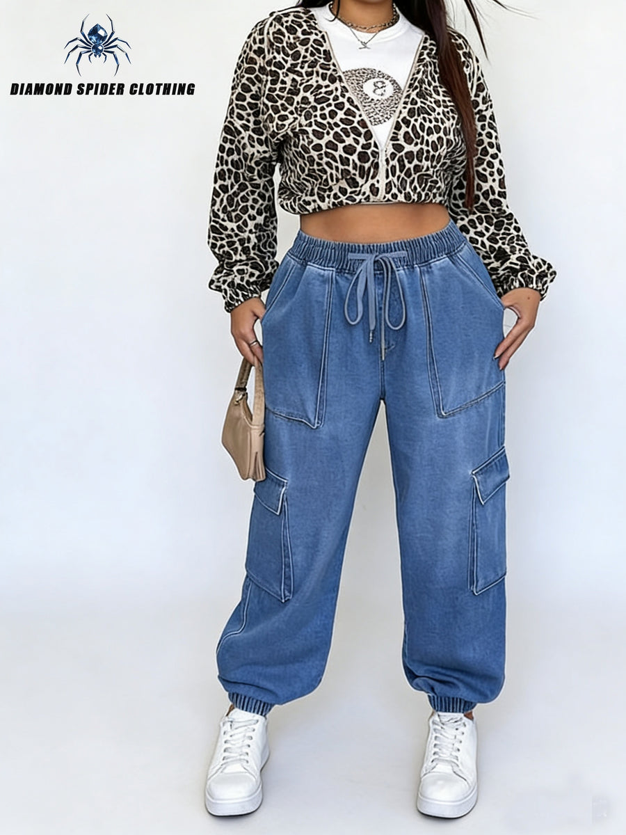 Women'S Denim Cargo Pants | Y2K Classic Hip-Hop Style with Multiple Pockets, Drawstring Waist, Mid-Waist Fit, Suitable for All Seasons - Royal Blue