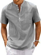 Men'S Summer Henley Collar Short Sleeve T-Shirt, Stand-Up Collar Casual Top, Breathable Linen, for Pool Parties, Beach Vacations, Ideal Choice for Beachwear Gifts - Grey