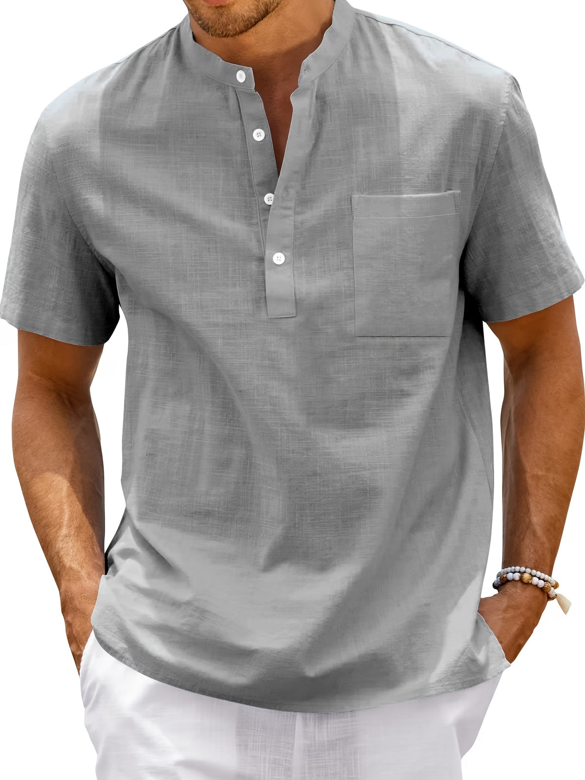 Men'S Summer Henley Collar Short Sleeve T-Shirt, Stand-Up Collar Casual Top, Breathable Linen, for Pool Parties, Beach Vacations, Ideal Choice for Beachwear Gifts - Grey