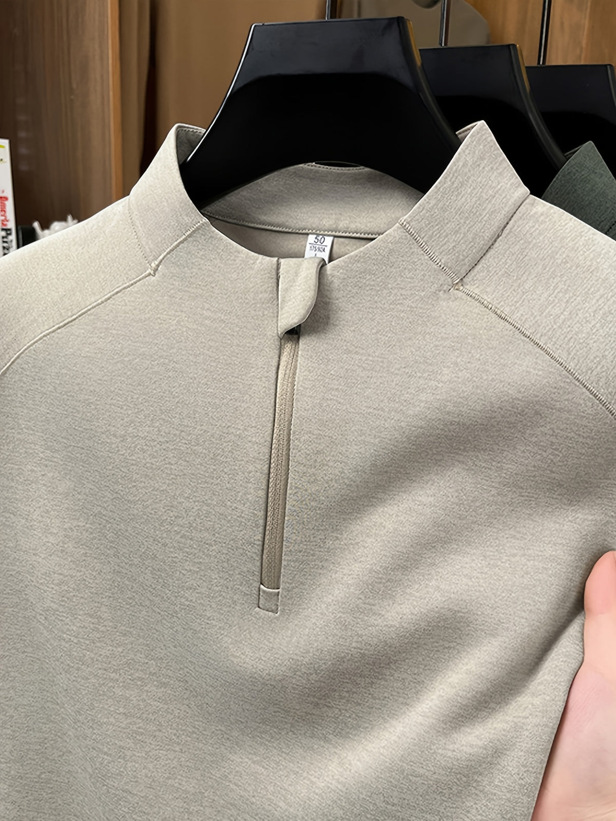 Men's Stand Collar Half-Zip Long Sleeve Base Layer, Raglan Sleeve Cut, Minimalist Business Casual Functional Style Warm Top - SINBOS - Light Khaki