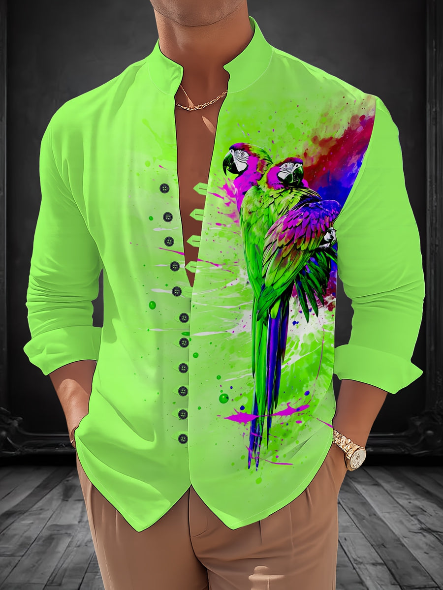 Men'S Fashion Stand Collar Long Sleeve Shirt with 11-Row Buttons Casual Versatile Top - Mixed Color 2