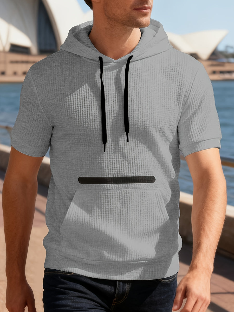 Spring/Summer Outdoor White Short-Sleeve Hooded Sweatshirt, Waffle Knit Breathable Fabric, Non-Stuffy, Versatile Half-Sleeve Top for Commuting and Shopping - Grey