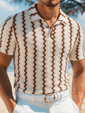 Men'S Fashion Men'S Clothing Shirt Spring Summer Outdoor Casual Breathable Texture Fabric Contrast Color Lapel Single Breasted Short Sleeve Men'S Henley Shirt - Light Brown-1