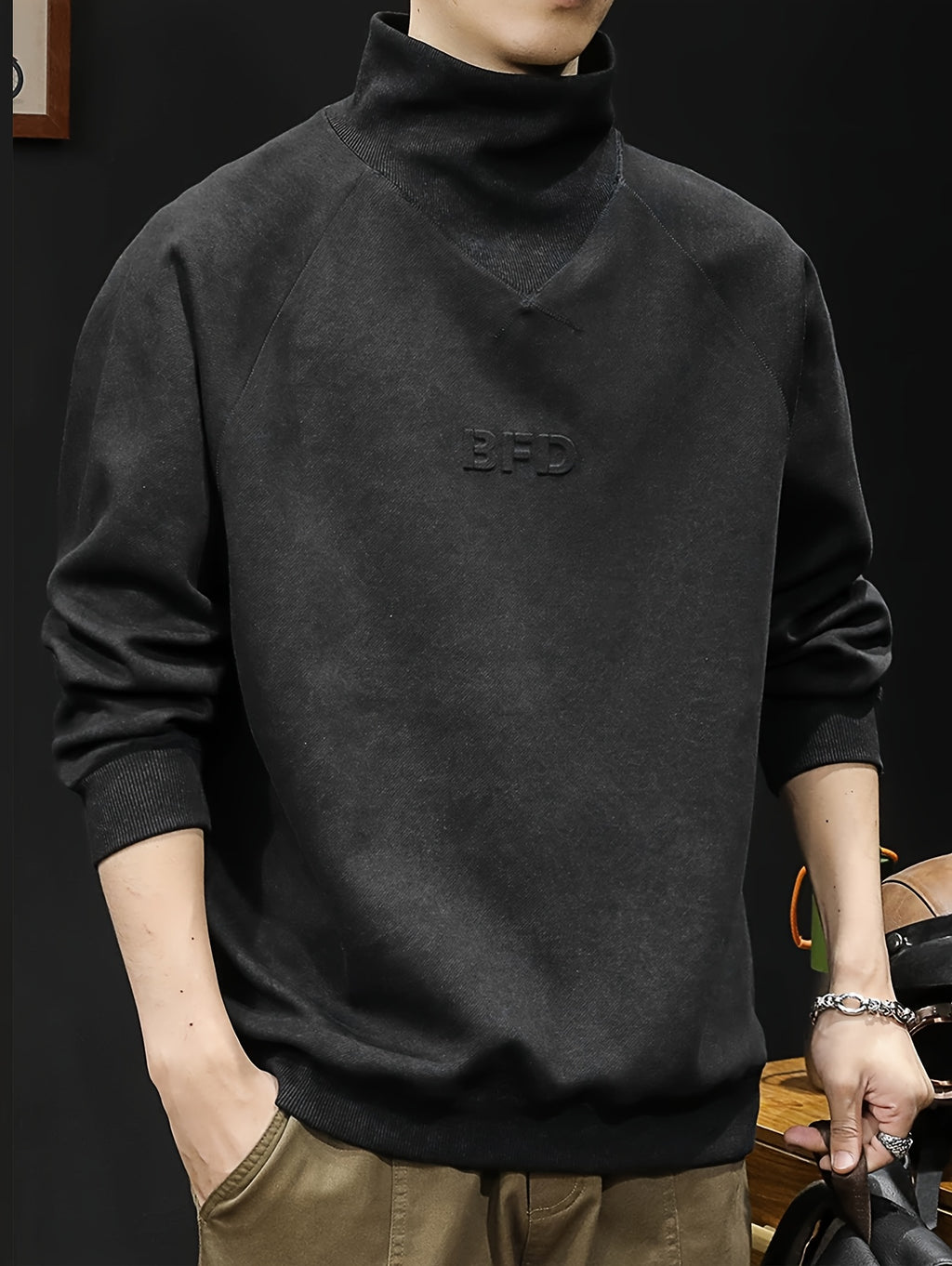 Men'S Hoodie Premium American Retro Half-High Neck Autumn Winter Trendy Brand Letter Embroidery Cool Long Sleeve Top Sleeveless - Black