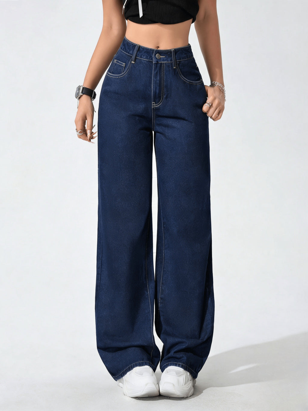 Women'S Loose Pocket Casual Versatile Blue Denim Jeans Straight Fit Jeans - Deep Blue