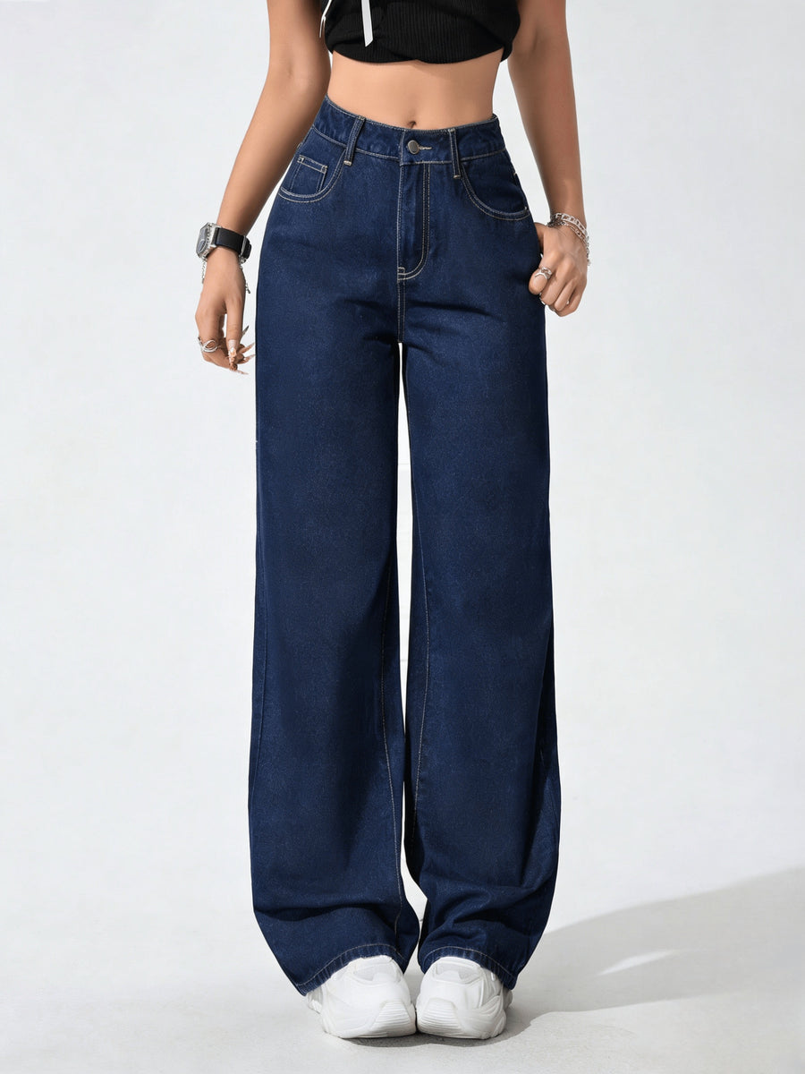 Women'S Loose Pocket Casual Versatile Blue Denim Jeans Straight Fit Jeans - Deep Blue