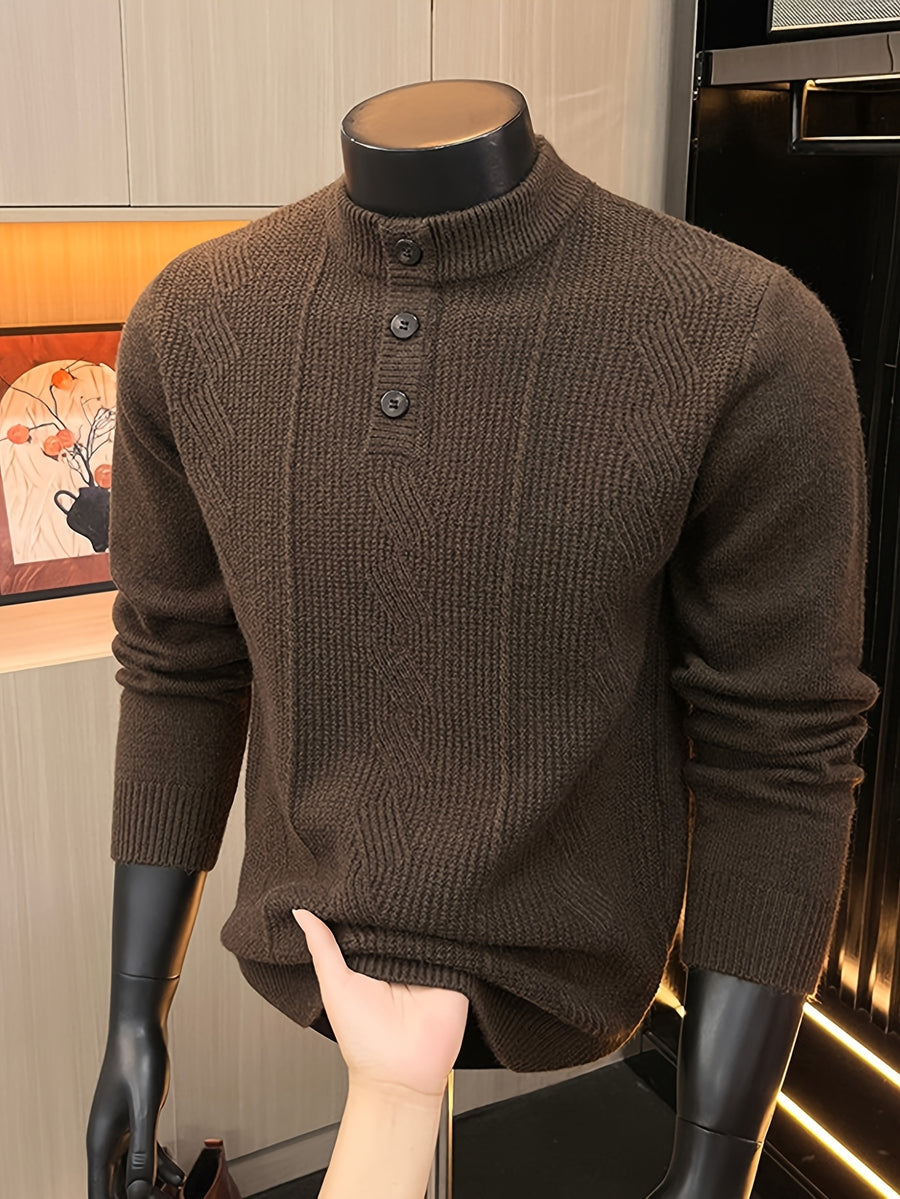 Spring And Autumn Men'S Half-Button Henley Collar Knit Sweater 3D Jacquard Texture Warm Easy And Atmospheric Middle-Aged Men'S Commuter Pullover - Dark Coffee