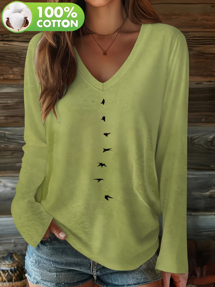 Women'S V-Neck Long Sleeve T-Shirt Made of Pure, Featuring a Printed Design That Flatters The Figure And Is Versatile for Various Outfits - Green