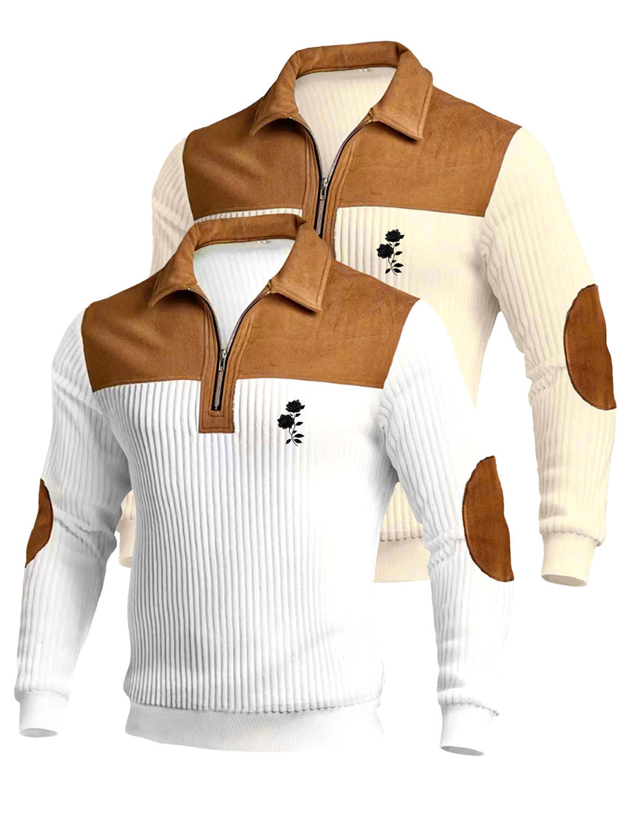 Christmas Men's Gift 2pcs Set: Men's Casual High-Turning-Head Ribbed Half-Zip Stand Collar Pullover - Color-Block Long Sleeve Pullover with Contrasting Color Design, Versatile for Daily Wear, Casual and Sporty Layering Style, Multiple Pieces - Apricot+White