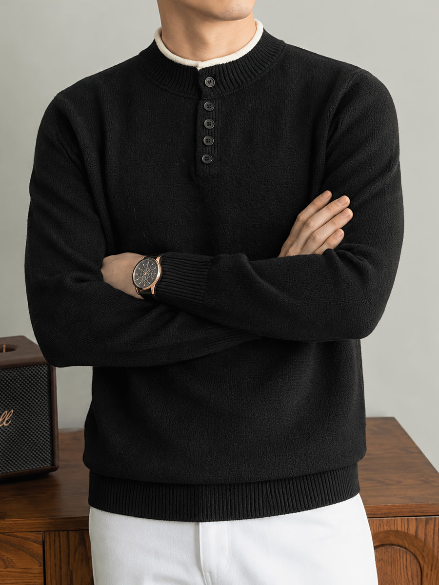 Du Jing Lan OBM Spring/Autumn New Arrival Men's Knit Pullover, Old Money Style Contrast Color Striped Half-Open Placket Stand Collar Knit Pullover, Men's Business Casual Fashion Knit Pullover, Suitable for Layering or Wearing as an Inner Layer - Black