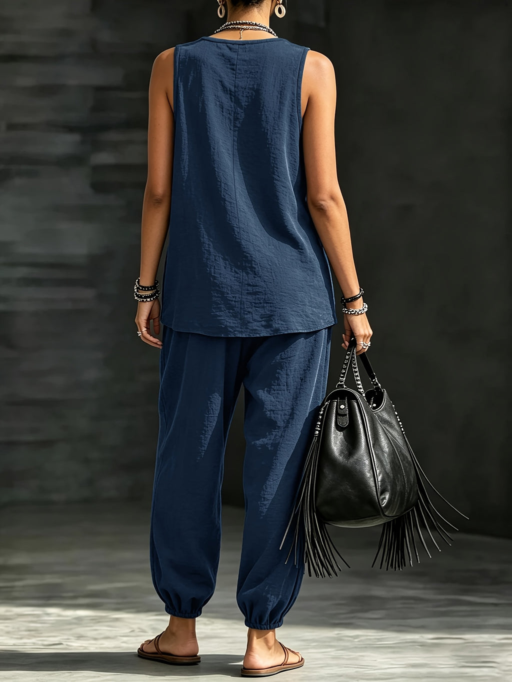 Women's Casual Vacation Solid Color 2pcs Set: Round Neck Top + Loose Fit Cuffed Pants - Navy Color