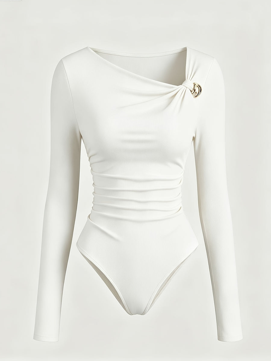 Women's Retro American Style Neck Bodysuit - Long Sleeve Fitted Suitable for Autumn/Winter -Style for -body Types | Machine Washable Medium Stretch Bodysuit with Asymmetric Design & Solid Color (No Transparency) - White
