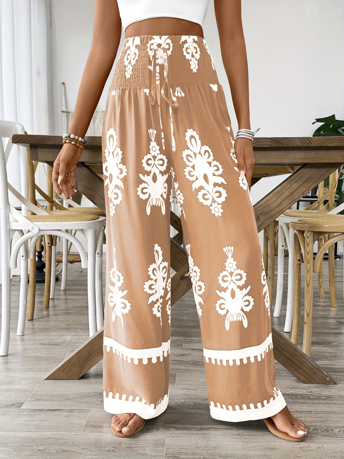 Floral Waist-Tie Fashion Casual Printed Pants, Women's Long Wide-Leg Trousers - Tawny