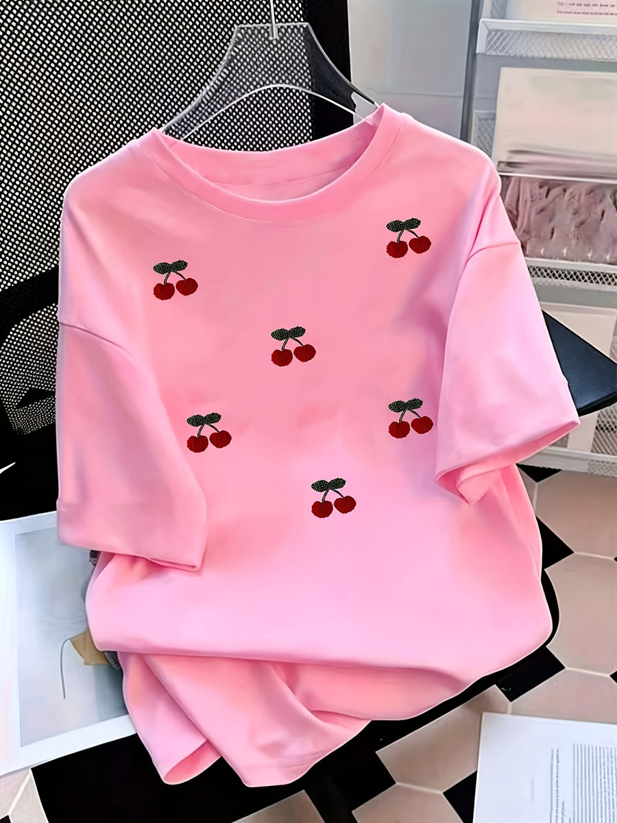 Women's Polyester Short Sleeve T-Shirt, Textured Red Cherry Printed Casual Top, Multiple Sizes Available, Comfortable Lightweight Summer Tee, Perfect for Daily Casual Wear & Outdoor Outings - Pink
