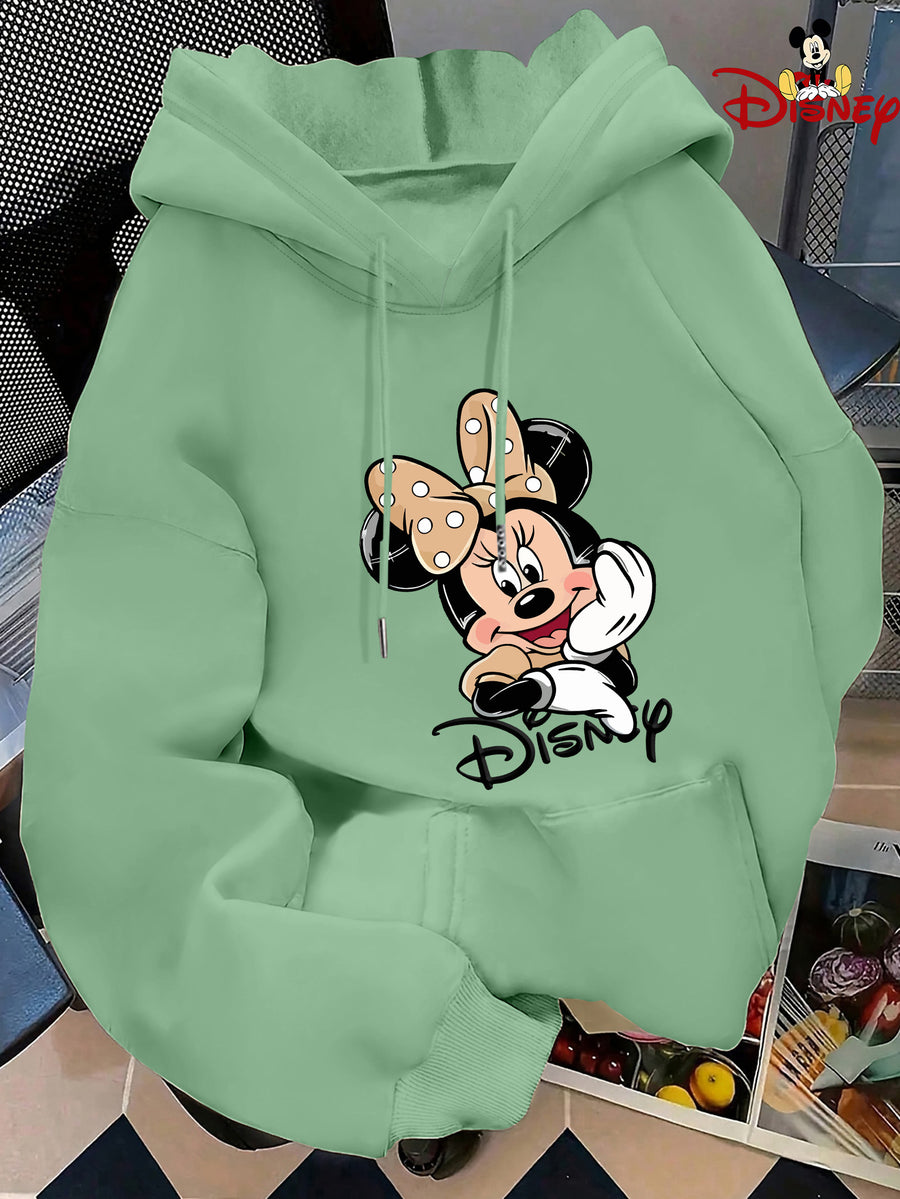 Minnie Mouse Face Print Japanese Hooded Sweatshirt, Loose Casual Kangaroo Pocket Pullover Top - Olive Green