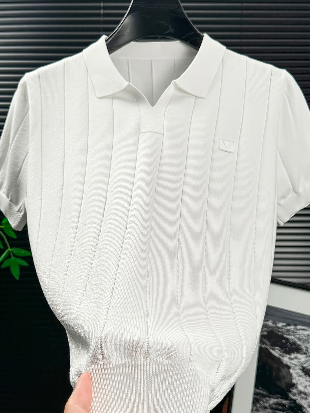 Men'S Knit Polo Shirt Short Sleeve V-Neck Vertical Stripes, Business Casual Spring Summer Commute Top, 1pc Multi-Occasion Ready - White