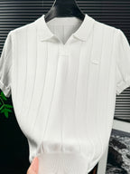 Men'S Knit Polo Shirt Short Sleeve V-Neck Vertical Stripes, Business Casual Spring Summer Commute Top, 1pc Multi-Occasion Ready - White
