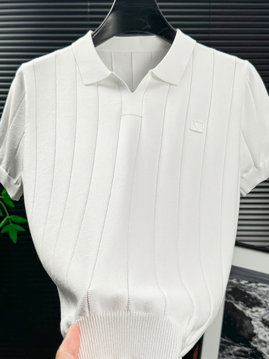 Men'S Knit Polo Shirt Short Sleeve V-Neck Vertical Stripes, Business Casual Spring Summer Commute Top, 1pc Multi-Occasion Ready - White