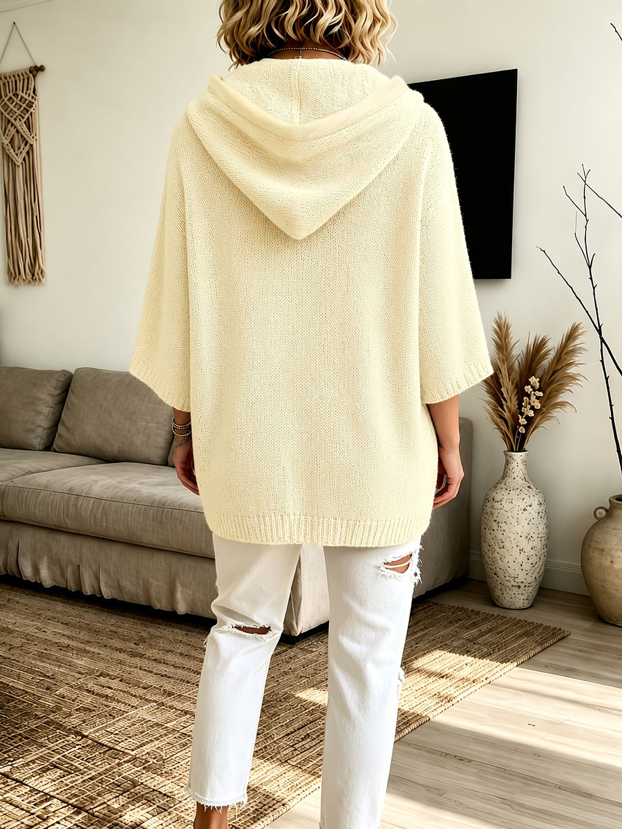 2026 Women'S Fall Winter Solid Color Hooded 3/4 Sleeve Cape Sweater Top with Drawstring And Double Pockets, Casual Easy Fashion Versatile Commute Home Vacation Outfit Pullover Top Women'S Clothing - Off-white