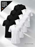 8pcs Men'S Henley V-Neck T-Shirts, 4 Black And 4 White, Multiple Sizes Available, Polyester Material, Soft And Skin-Friendly, Staggered Arrangement, Stylish Look - 4 Black + 4 White