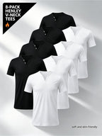 8pcs Men'S Henley V-Neck T-Shirts, 4 Black And 4 White, Multiple Sizes Available, Polyester Material, Soft And Skin-Friendly, Staggered Arrangement, Stylish Look - 4 Black + 4 White