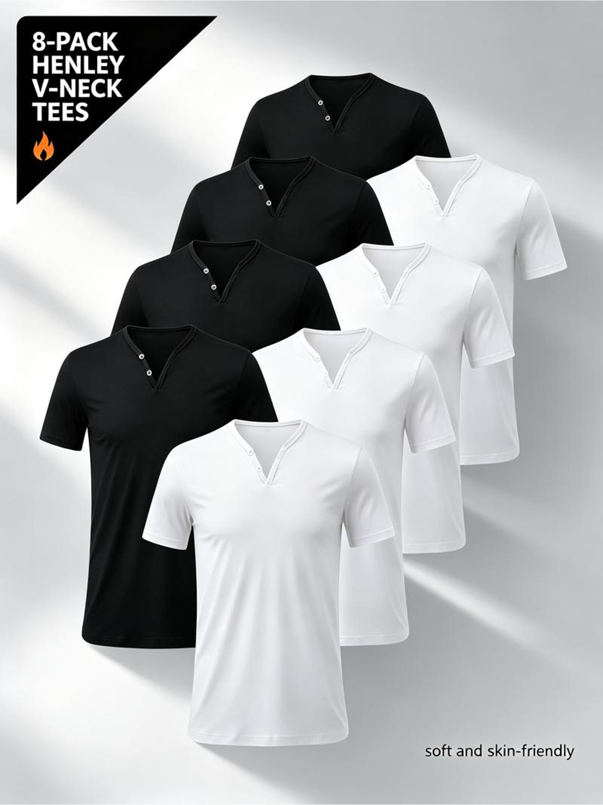 8pcs Men'S Henley V-Neck T-Shirts, 4 Black And 4 White, Multiple Sizes Available, Polyester Material, Soft And Skin-Friendly, Staggered Arrangement, Stylish Look - 4 Black + 4 White