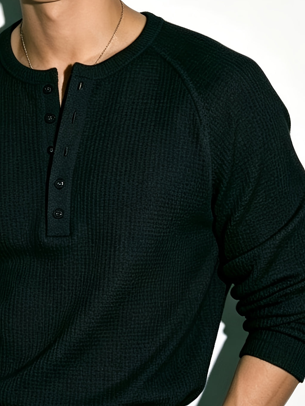 2pcs Matching Couple's Waffle Knit Long-Sleeve Henley T-Shirts, Raglan Sleeve Half-Button Placket Crew Neck Pullover Tops, Soft Stretchy Breathable Loose Fit Casual Basic Base Layers, Korean Minimalist Style Suitable for Dates, Daily Commutes - Black+black