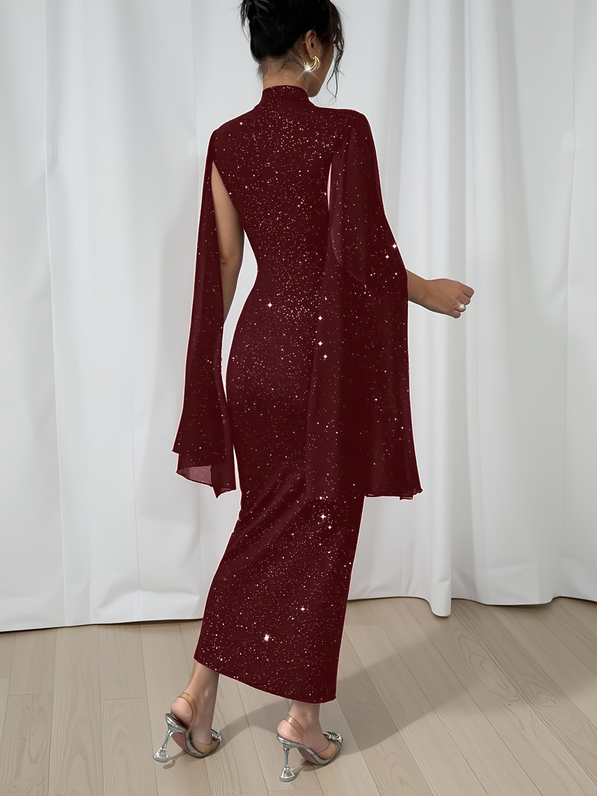 Women's Elegant Slim-Fit Shining Patchwork Dress with Starry Sky Print & Slit Sleeves - Mid-Length Pencil Dress, Stand Collar, Machine Washable for Weddings, Parties, Business Events - Year-Round Wear - Burgundy