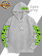 Authorized by Warner Bros., Featuring Colorful Graffiti And Ink Splattered Joker JOKER Poker Prints, Hat Design Patterns, Versatile Street Style Men'S Hooded Sweatshirt, Comfortable And Casual, Suitable for Autumn And Winter Wear - Light Grey