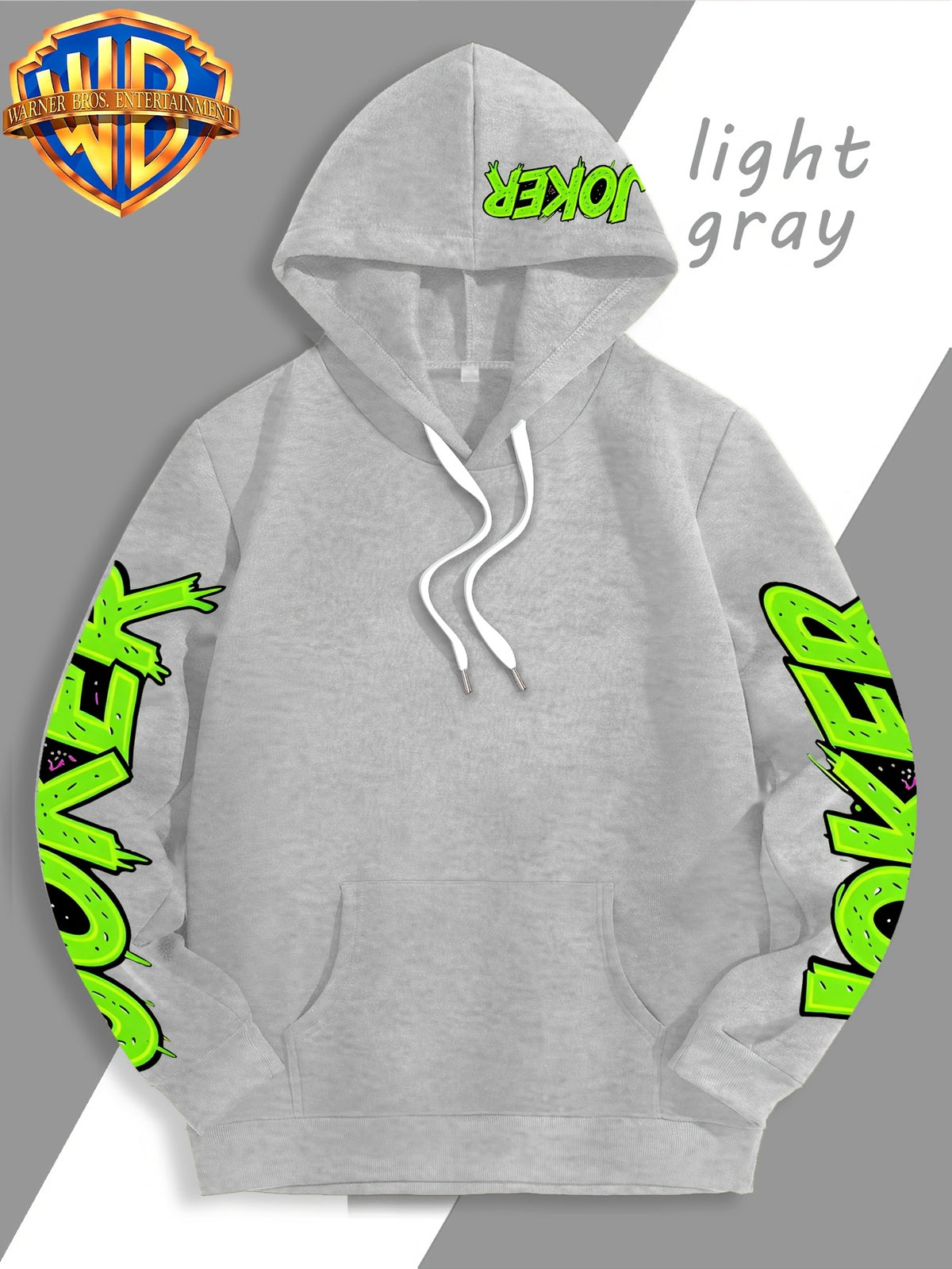 Authorized by Warner Bros., Featuring Colorful Graffiti And Ink Splattered Joker JOKER Poker Prints, Hat Design Patterns, Versatile Street Style Men'S Hooded Sweatshirt, Comfortable And Casual, Suitable for Autumn And Winter Wear - Light Grey