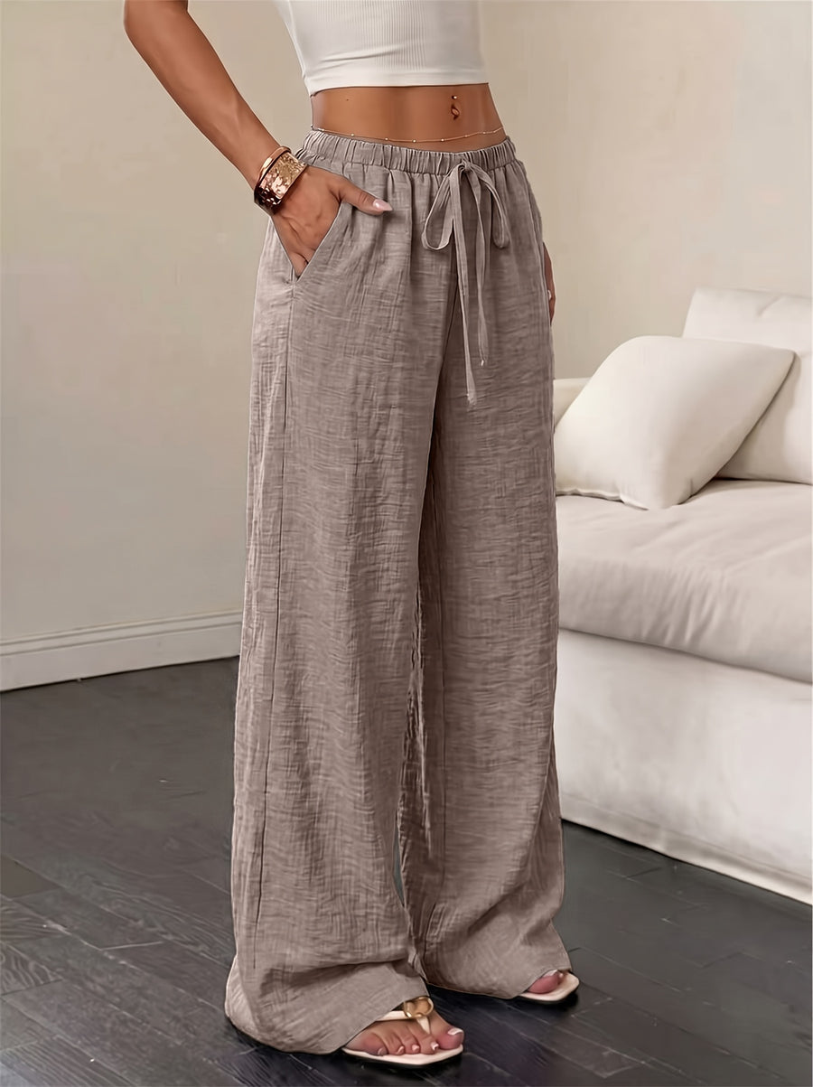 YY0514366 Women's Casual Versatile Solid Color Lace-Up Straight-Leg Pocket Wide-Leg Pants - Khaki color