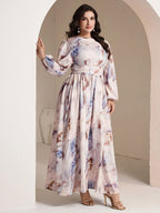 Plus Size, 2025 New Four Seasons Elegant Crinkle Floral Print Loose Fit Plus Size Dress - Multicolor